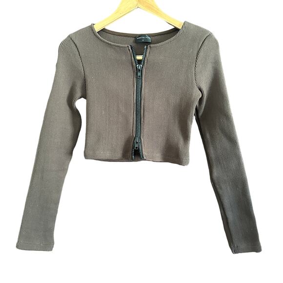 White Fox | The Real Thing Brown Ribbed Double Zipper Cropped Sweater | Medium - Picture 2 of 5